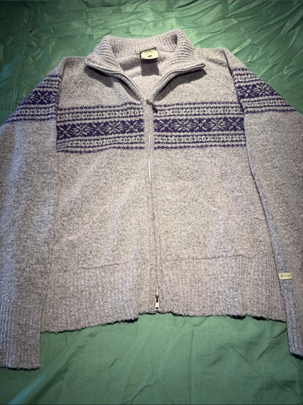 Women's Light Gray Zip Cardigan with Purple Nordic Stripe
